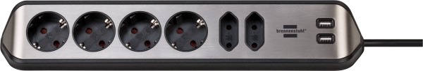 brennenstuhl estilo - Eck-Steckdosenleiste 6-fach mit USB, silber/schwarz